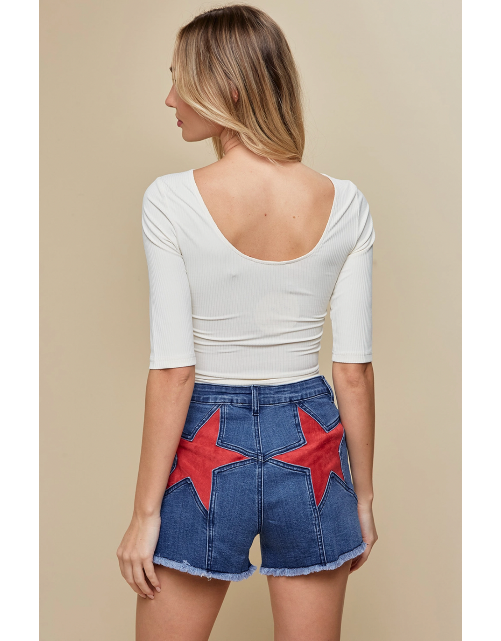 Saints & Hearts Denim Shorts with Star Pocket Patches (Red)