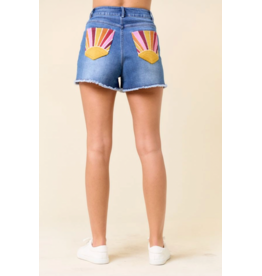 Saints & Hearts Denim Shorts with Sunset Embroidery