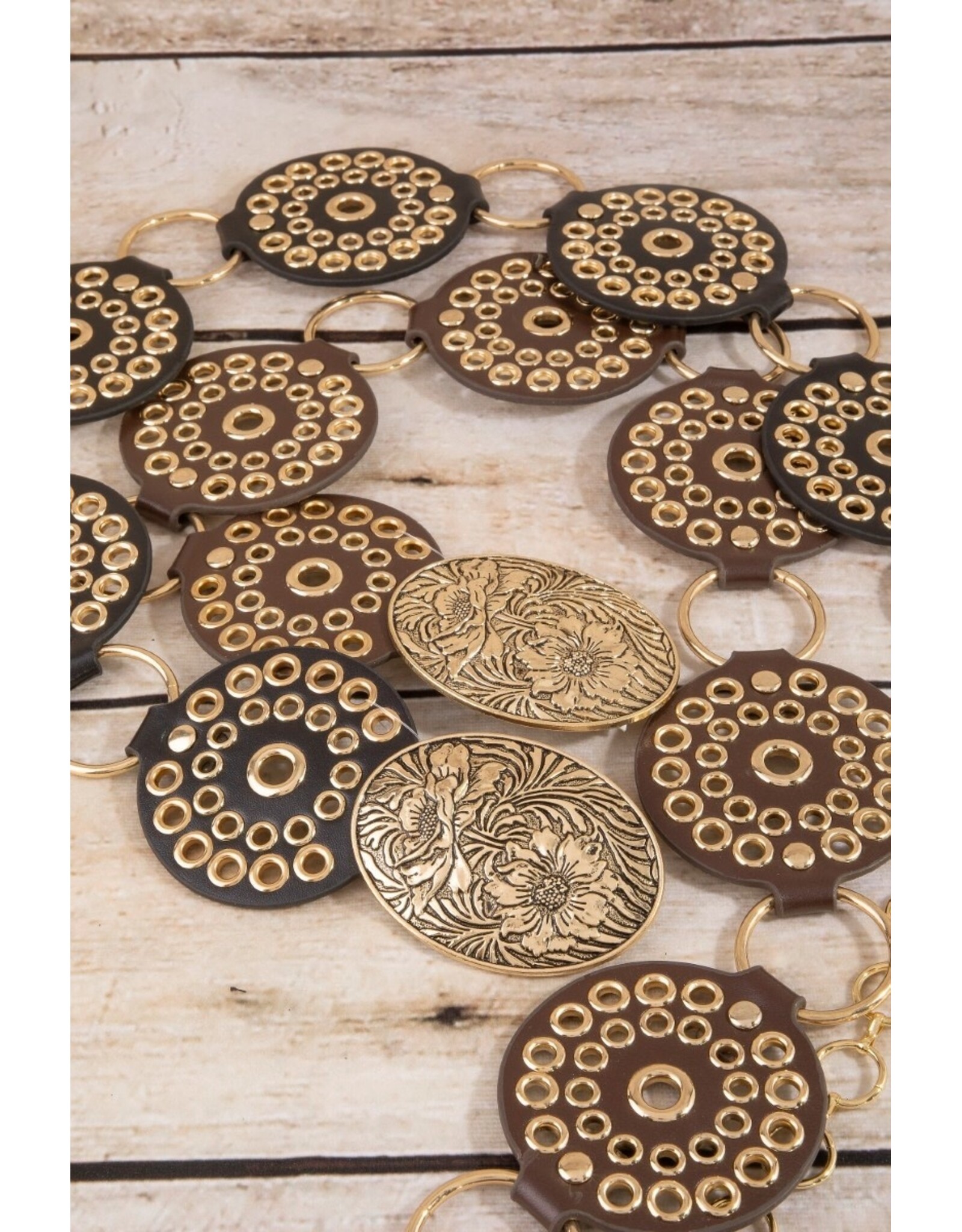 Fame Accessories Vegan Leather Studded Disc Floral Medallion Chain Belt