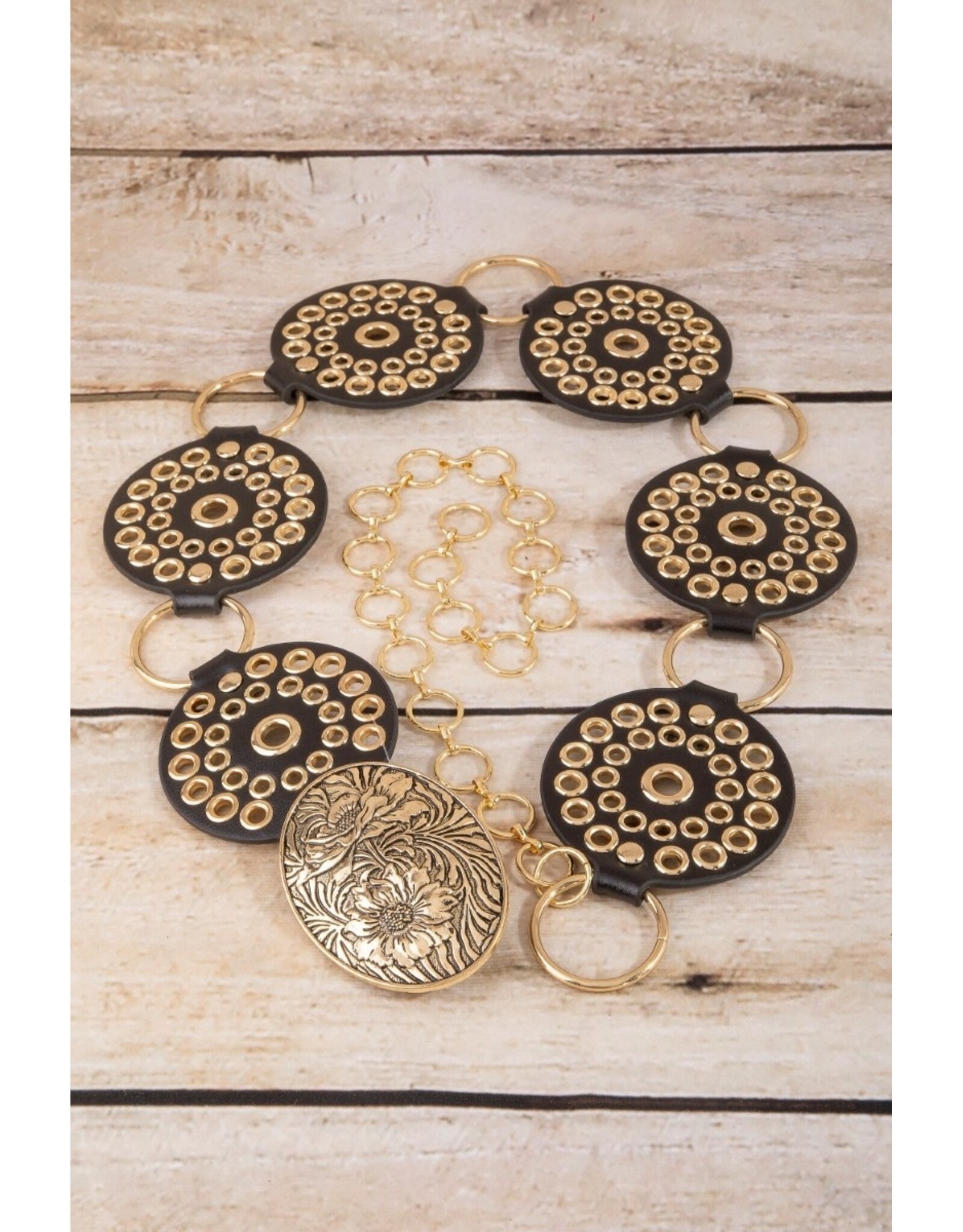 Fame Accessories Vegan Leather Studded Disc Floral Medallion Chain Belt