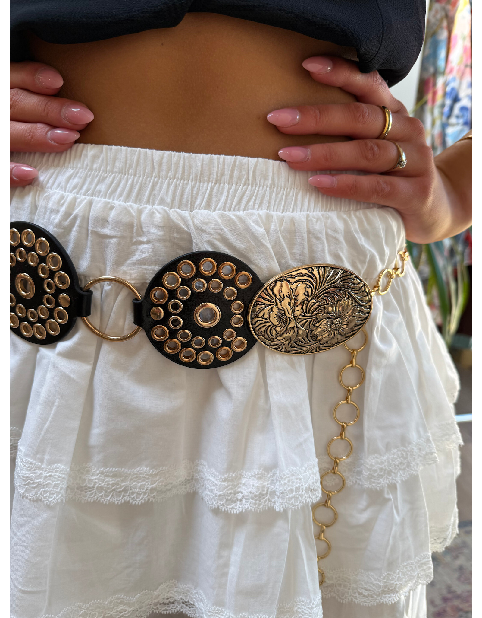 Fame Accessories Vegan Leather Studded Disc Floral Medallion Chain Belt