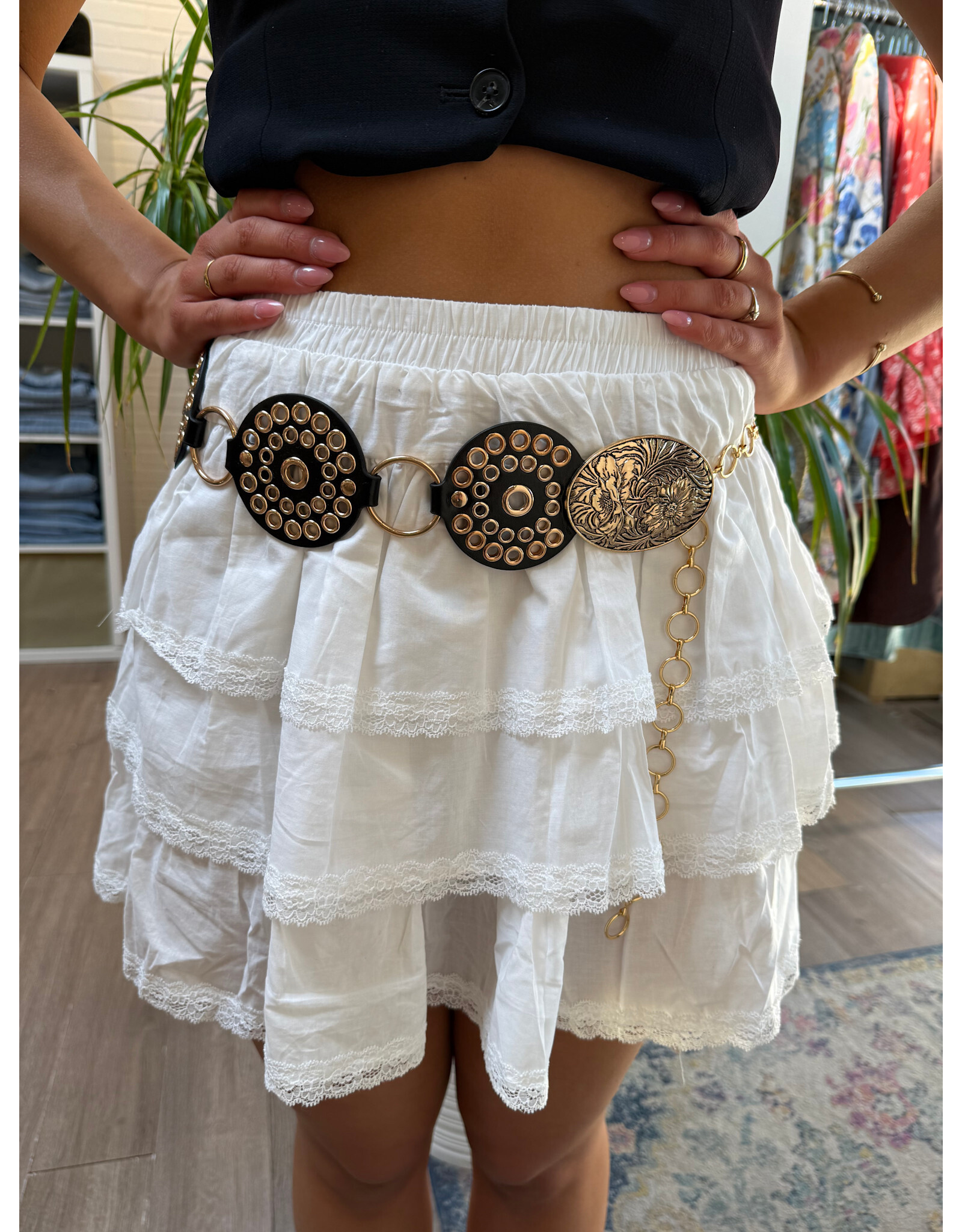 Fame Accessories Vegan Leather Studded Disc Floral Medallion Chain Belt