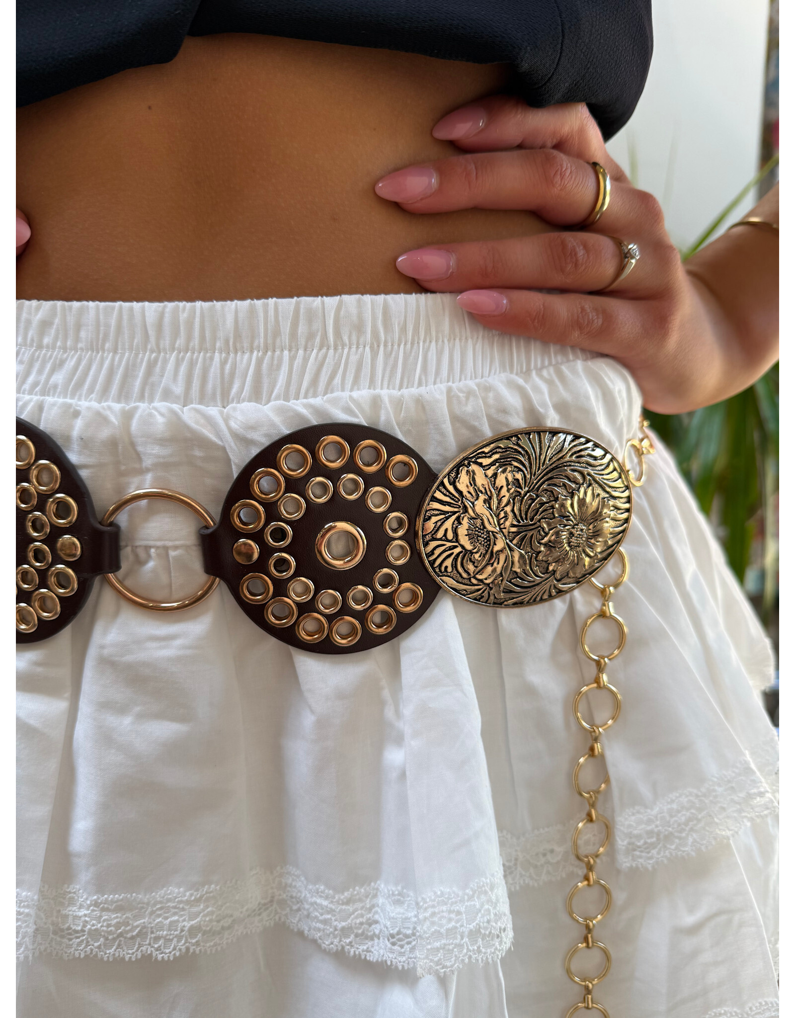 Fame Accessories Vegan Leather Studded Disc Floral Medallion Chain Belt