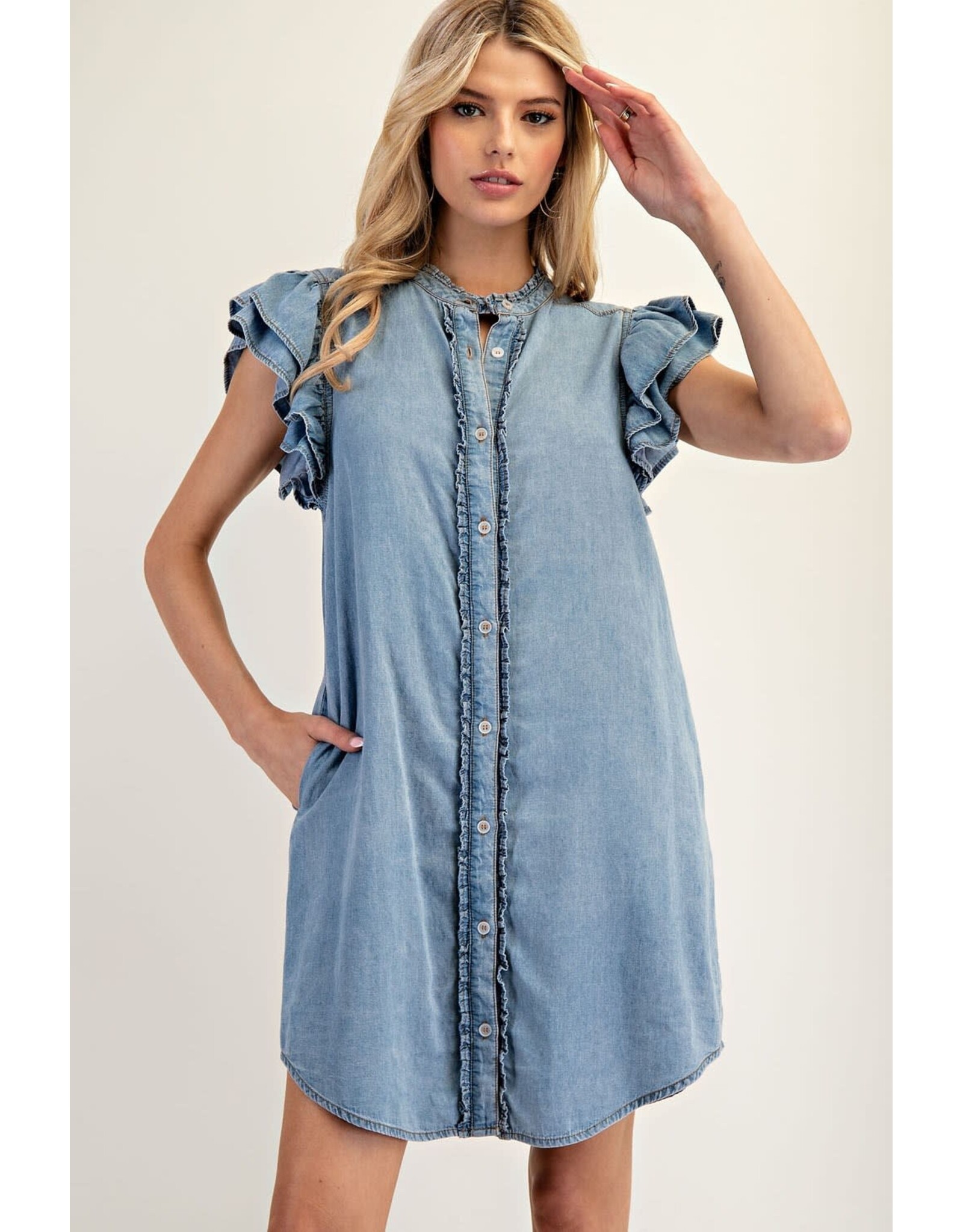 ee:some Short Sleeve Denim Dress with Ruffle Trim