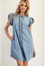 ee:some Short Sleeve Denim Dress with Ruffle Trim