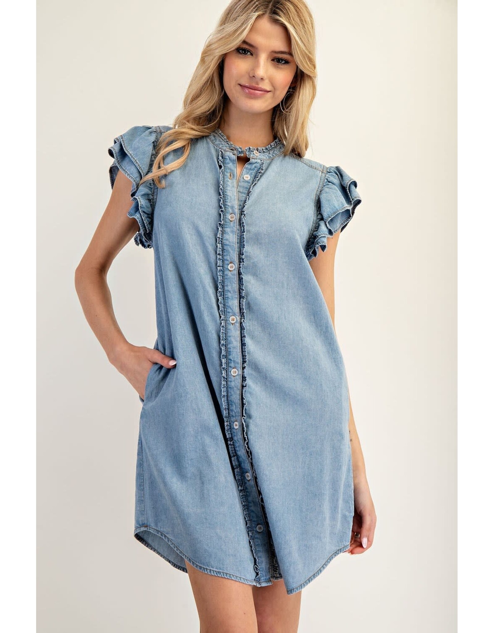 ee:some Short Sleeve Denim Dress with Ruffle Trim