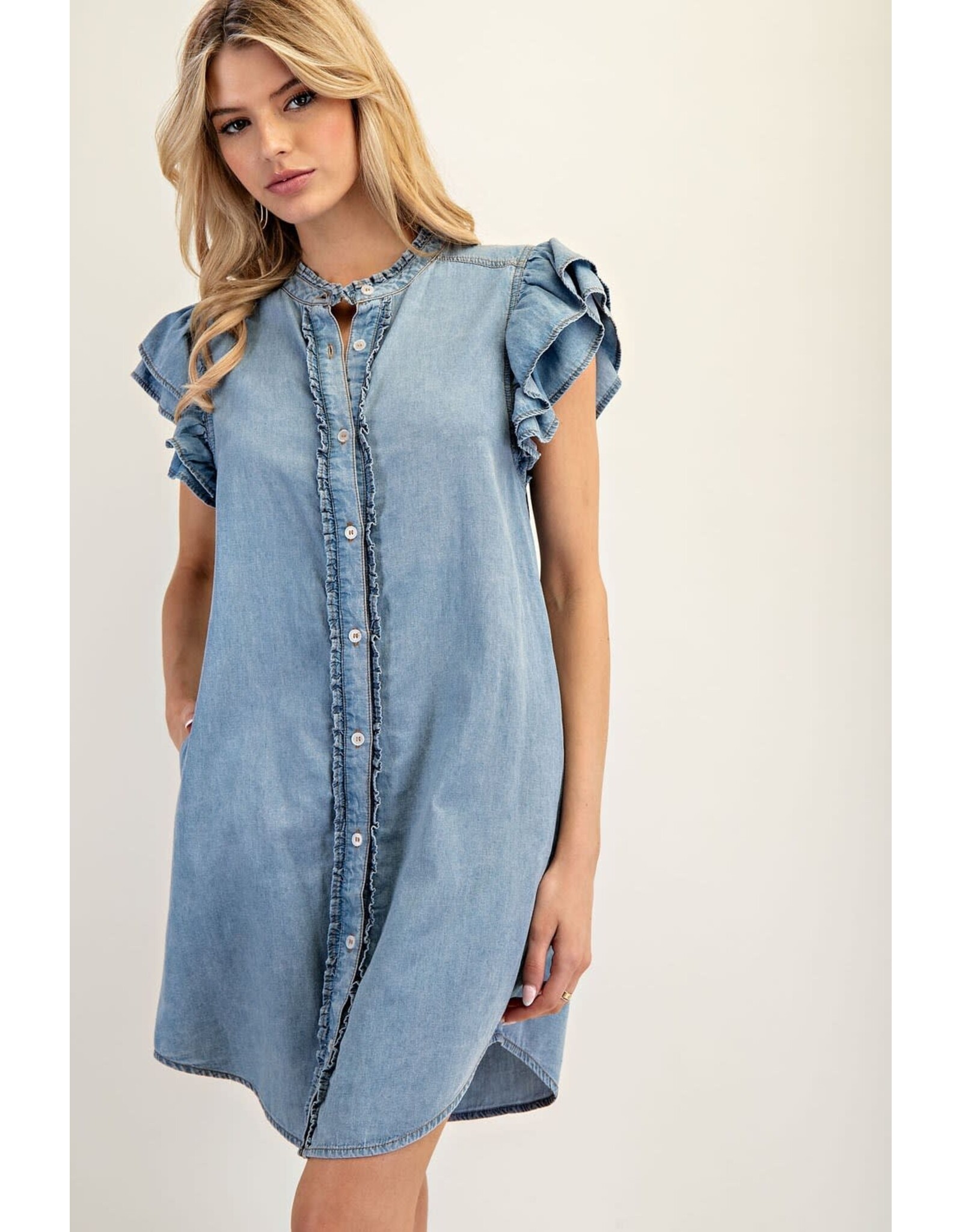ee:some Short Sleeve Denim Dress with Ruffle Trim