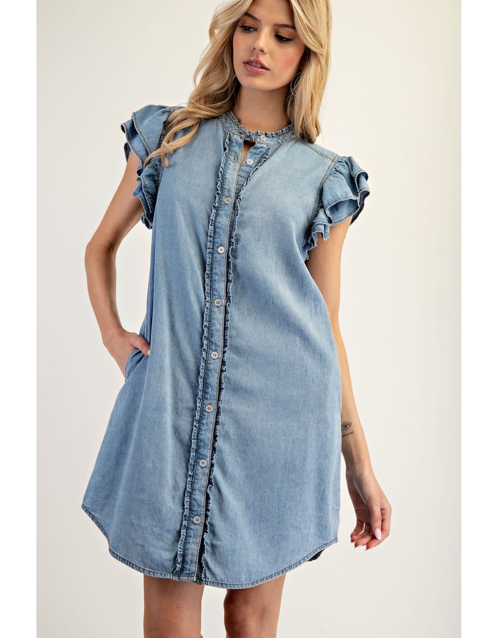 ee:some Short Sleeve Denim Dress with Ruffle Trim