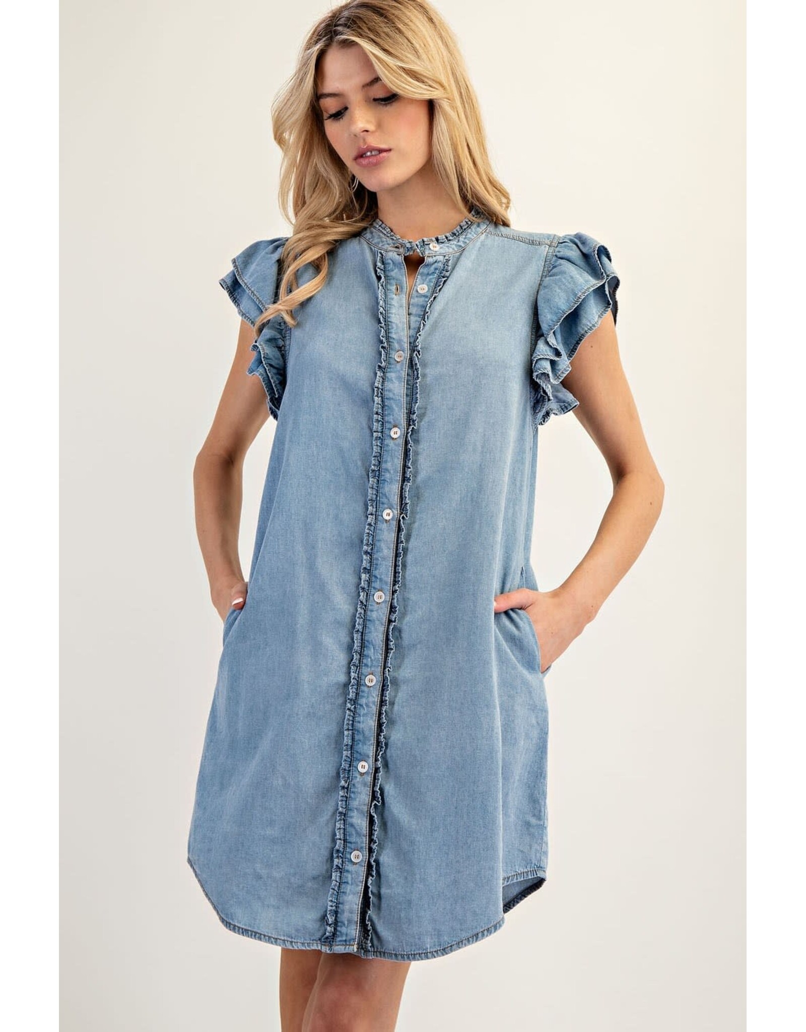 ee:some Short Sleeve Denim Dress with Ruffle Trim