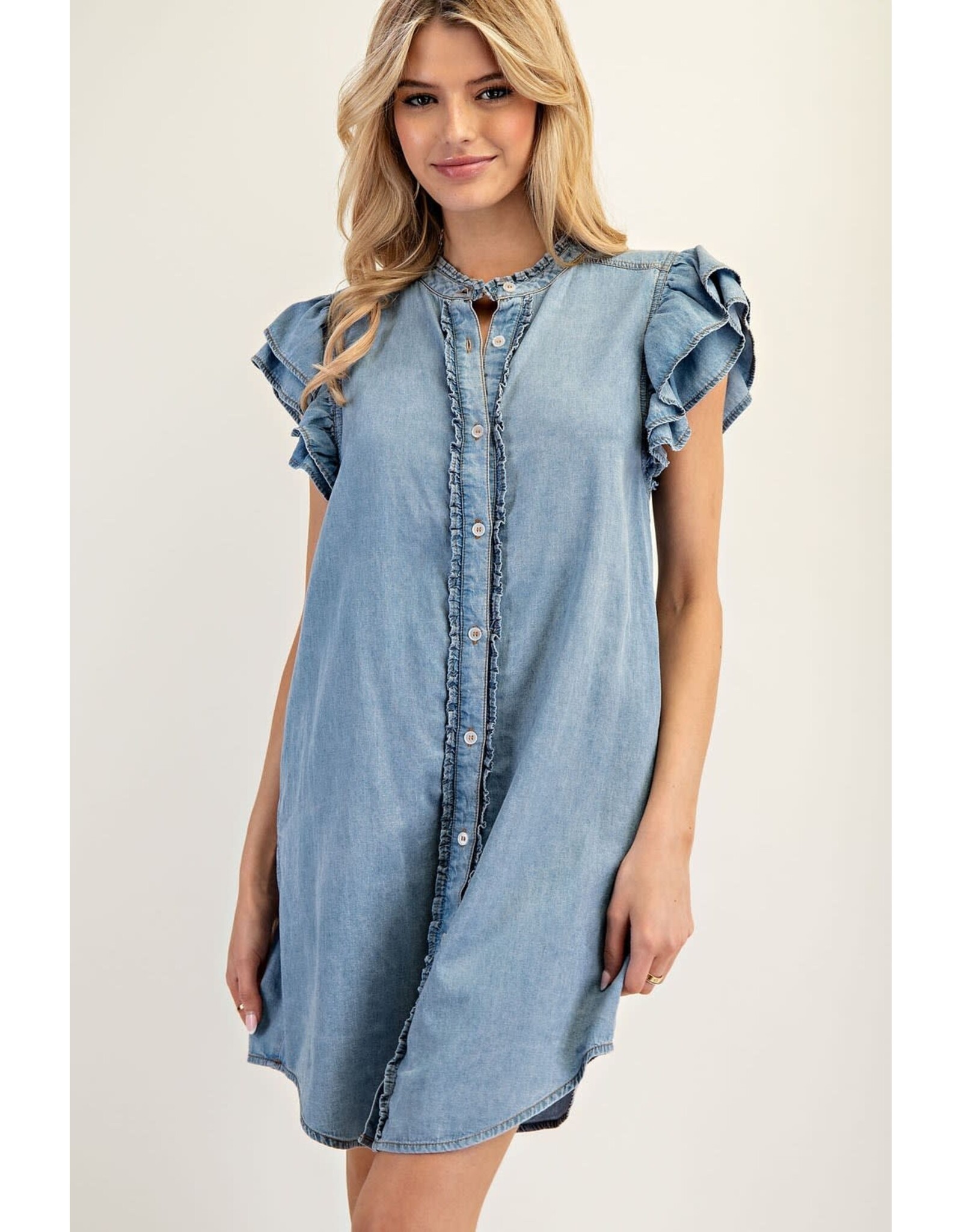 ee:some Short Sleeve Denim Dress with Ruffle Trim