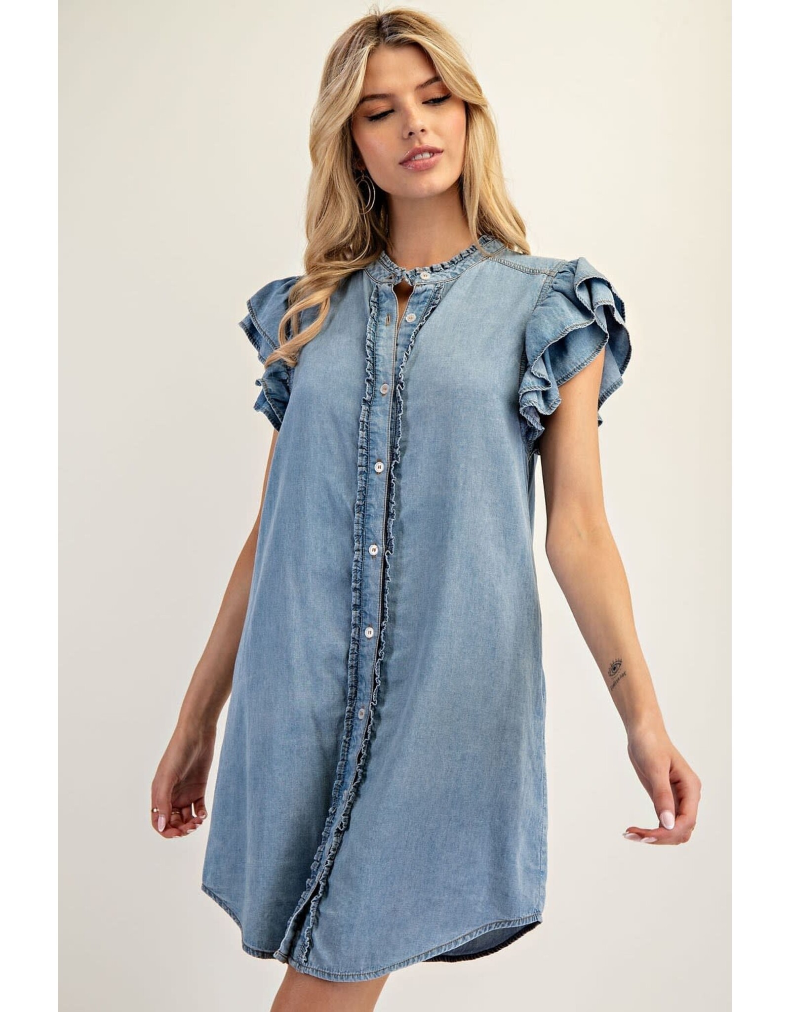 ee:some Short Sleeve Denim Dress with Ruffle Trim