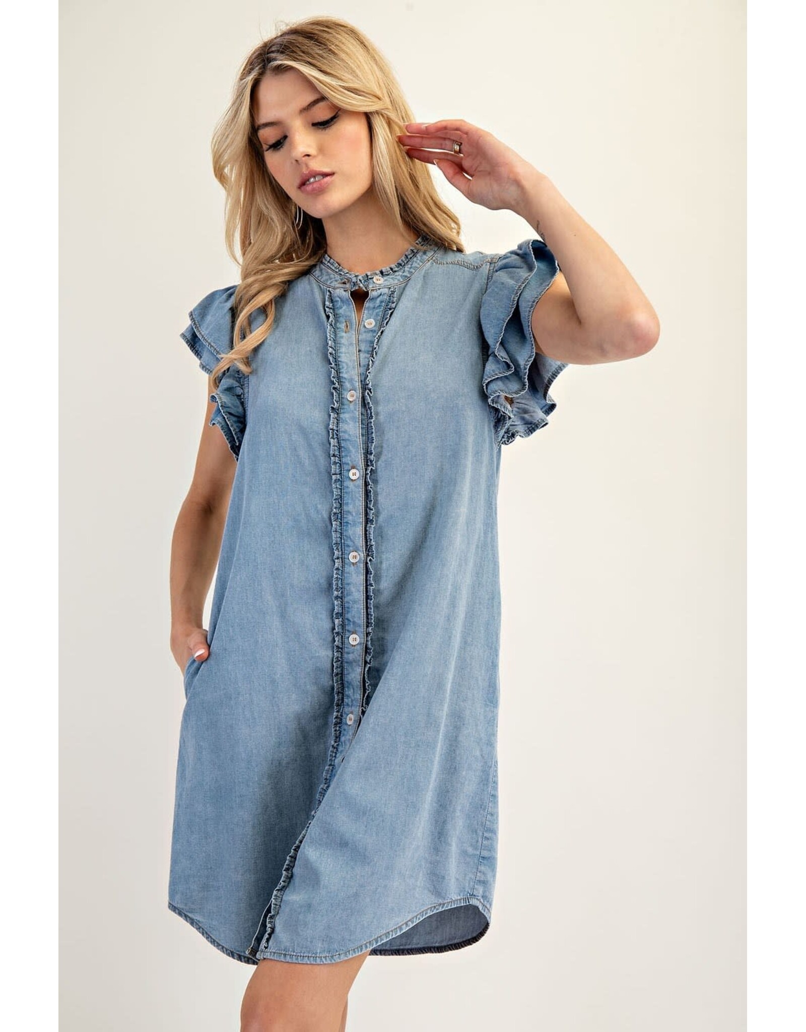 ee:some Short Sleeve Denim Dress with Ruffle Trim