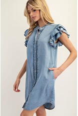 ee:some Short Sleeve Denim Dress with Ruffle Trim