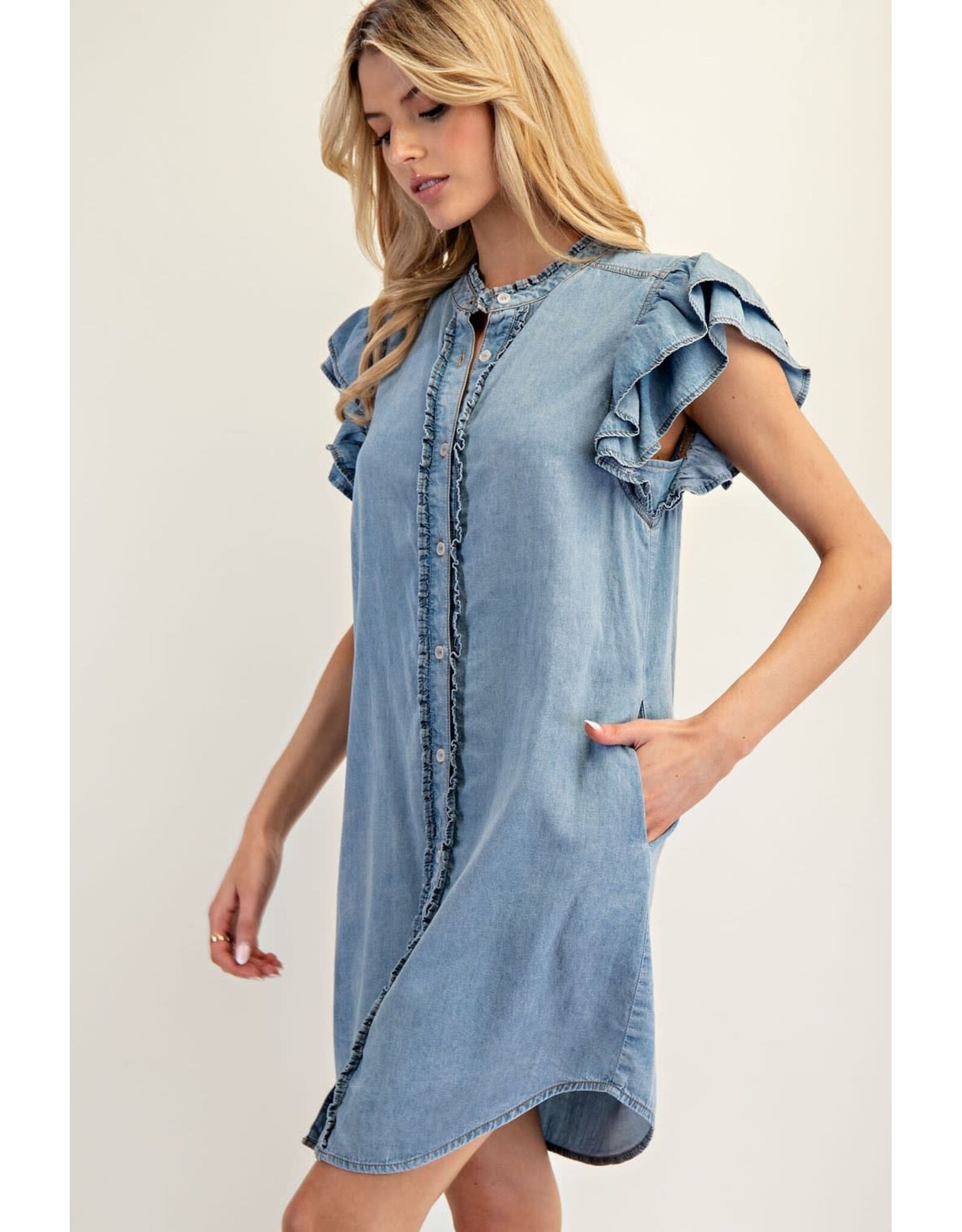 ee:some Short Sleeve Denim Dress with Ruffle Trim