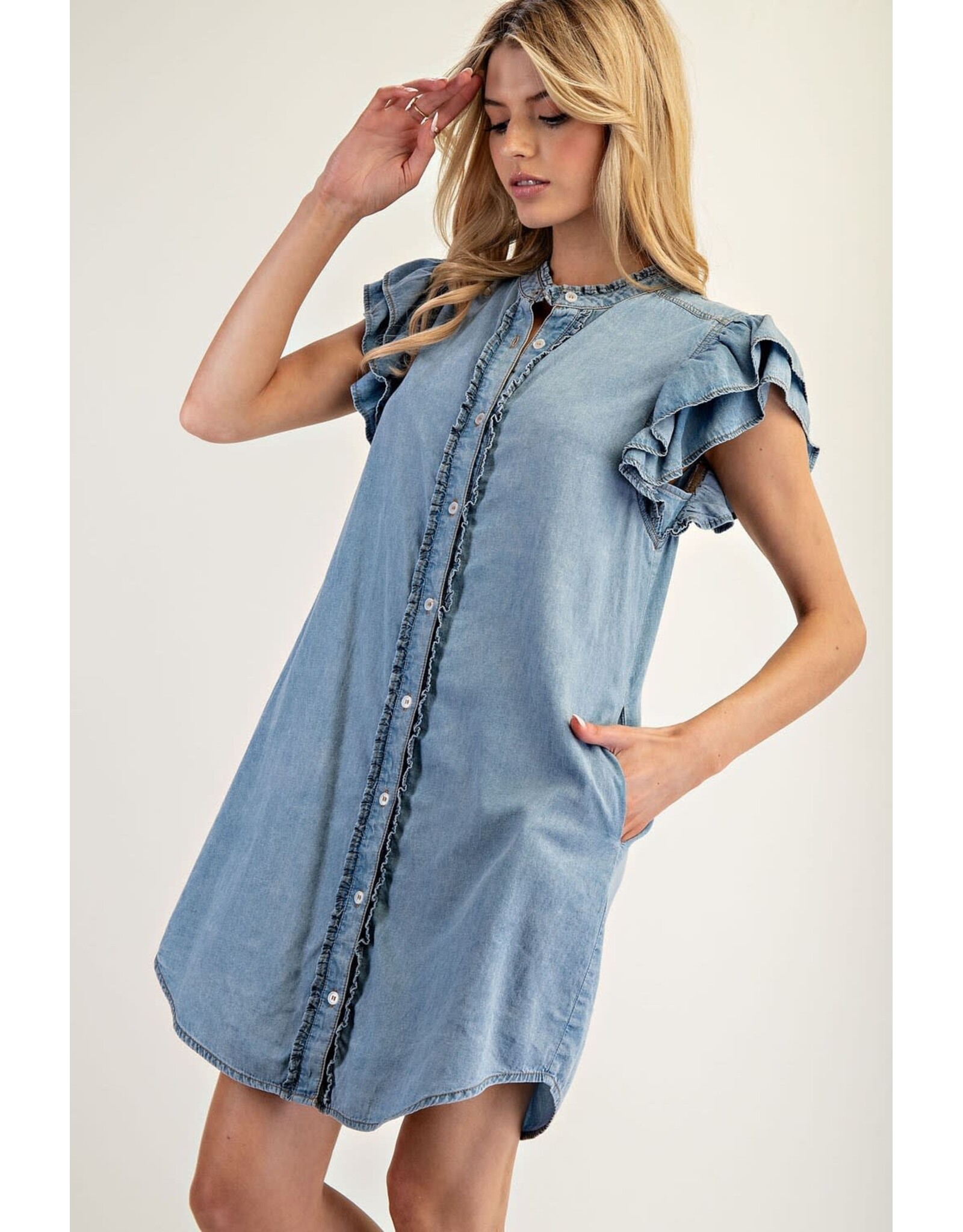 ee:some Short Sleeve Denim Dress with Ruffle Trim