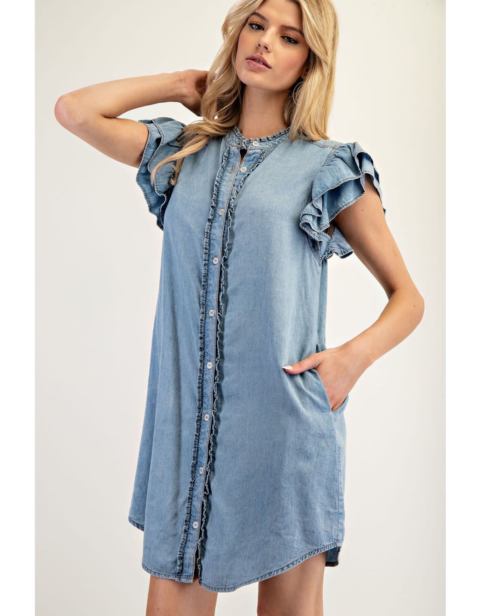 ee:some Short Sleeve Denim Dress with Ruffle Trim