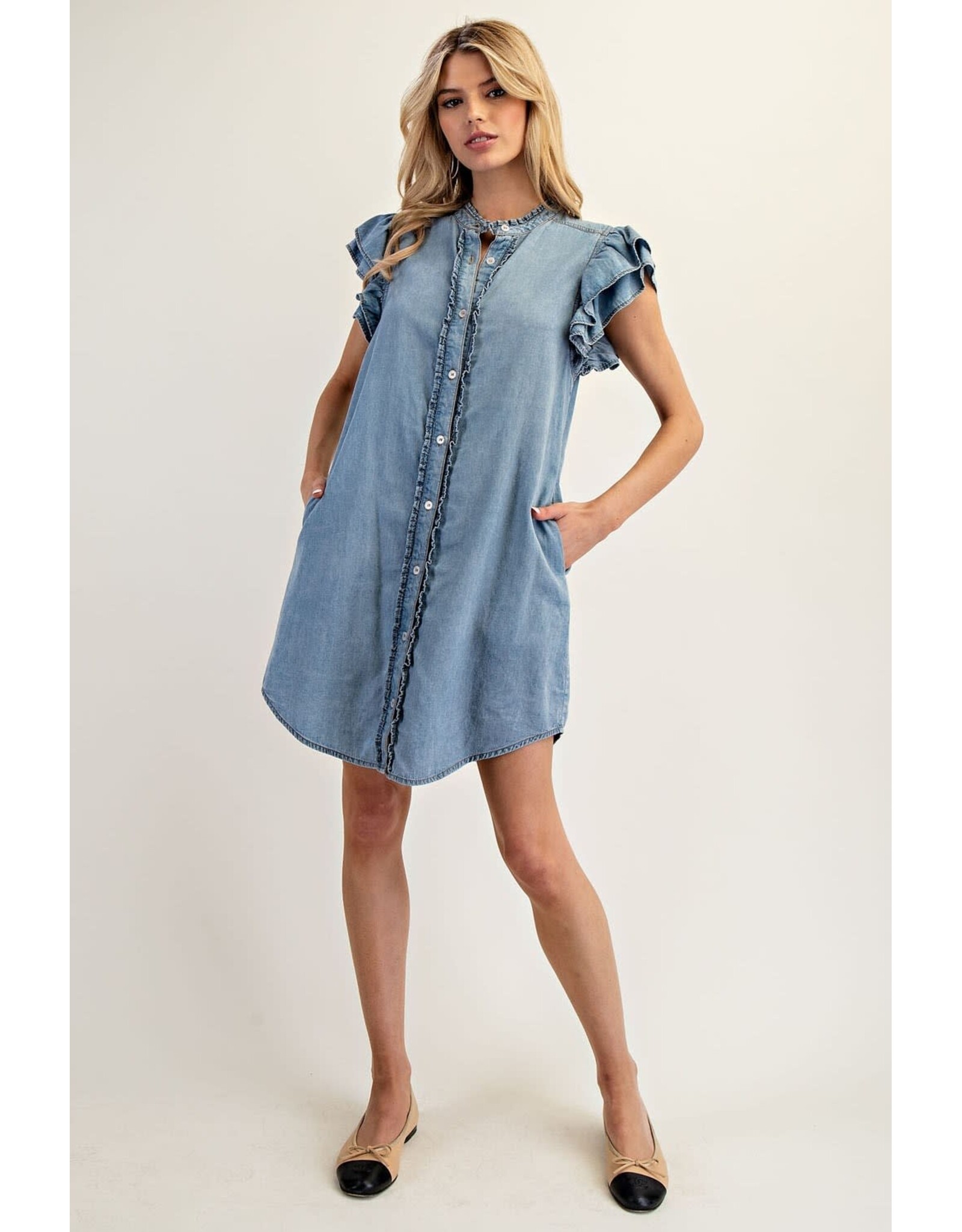ee:some Short Sleeve Denim Dress with Ruffle Trim