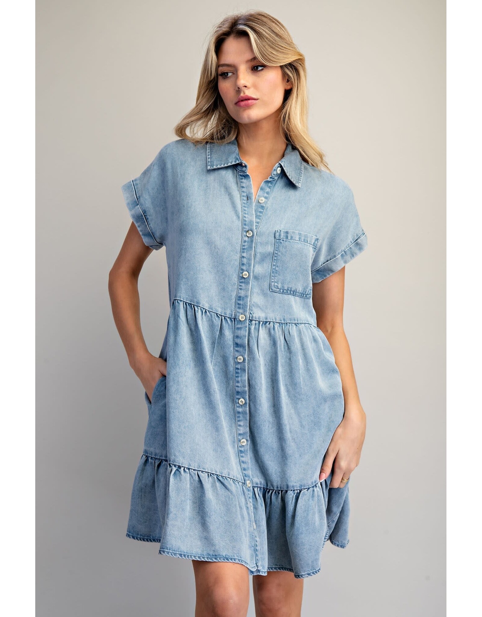 ee:some Short Sleeve Denim Dress with Tiered Skirt