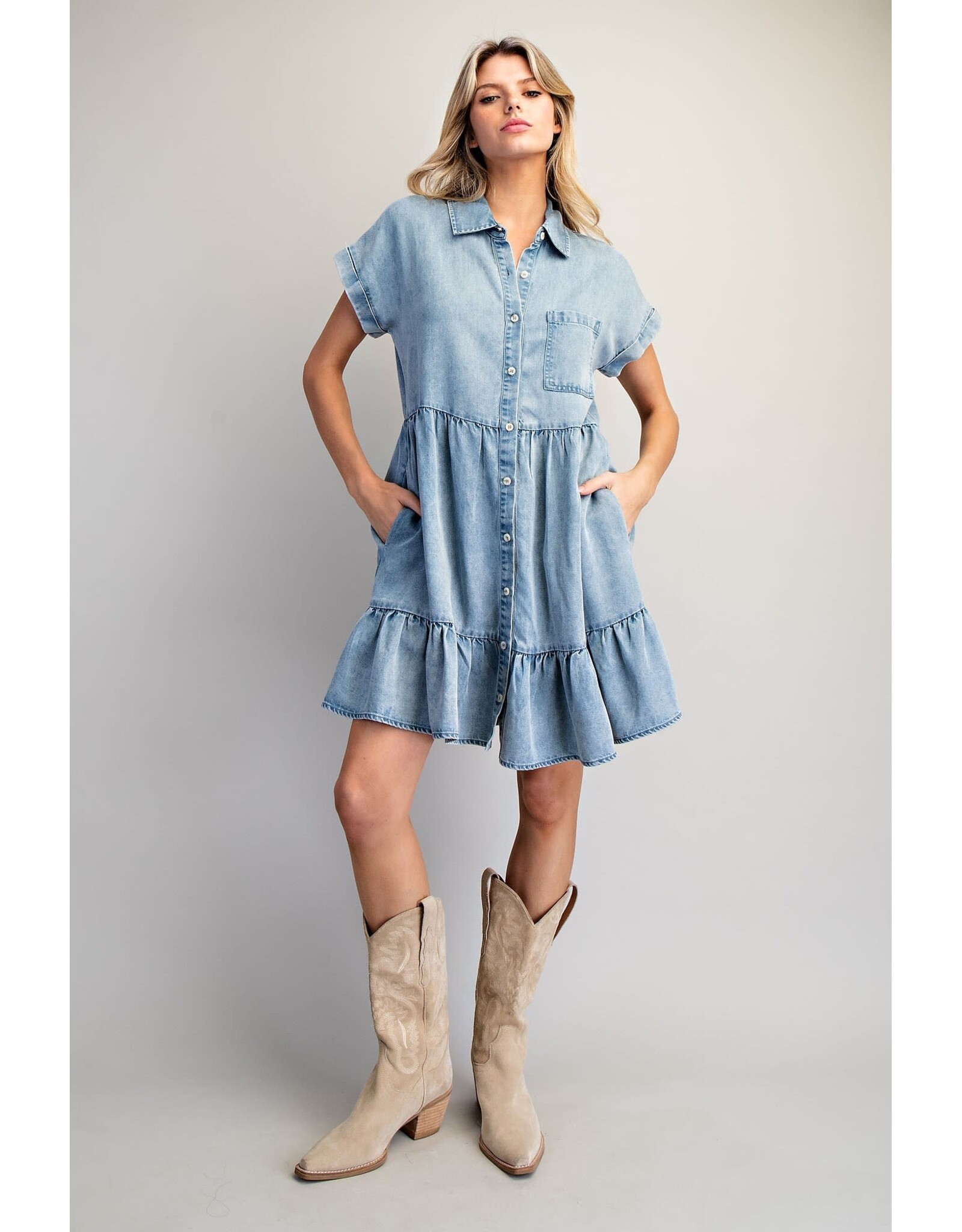 ee:some Short Sleeve Denim Dress with Tiered Skirt
