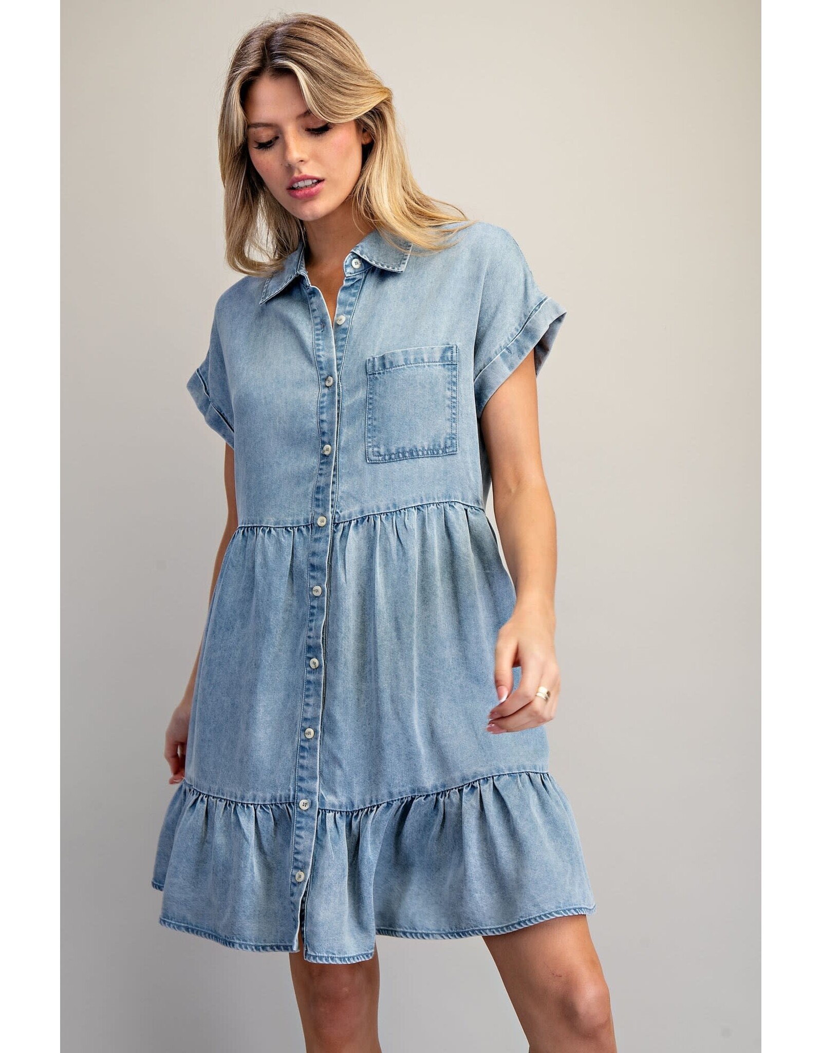 ee:some Short Sleeve Denim Dress with Tiered Skirt