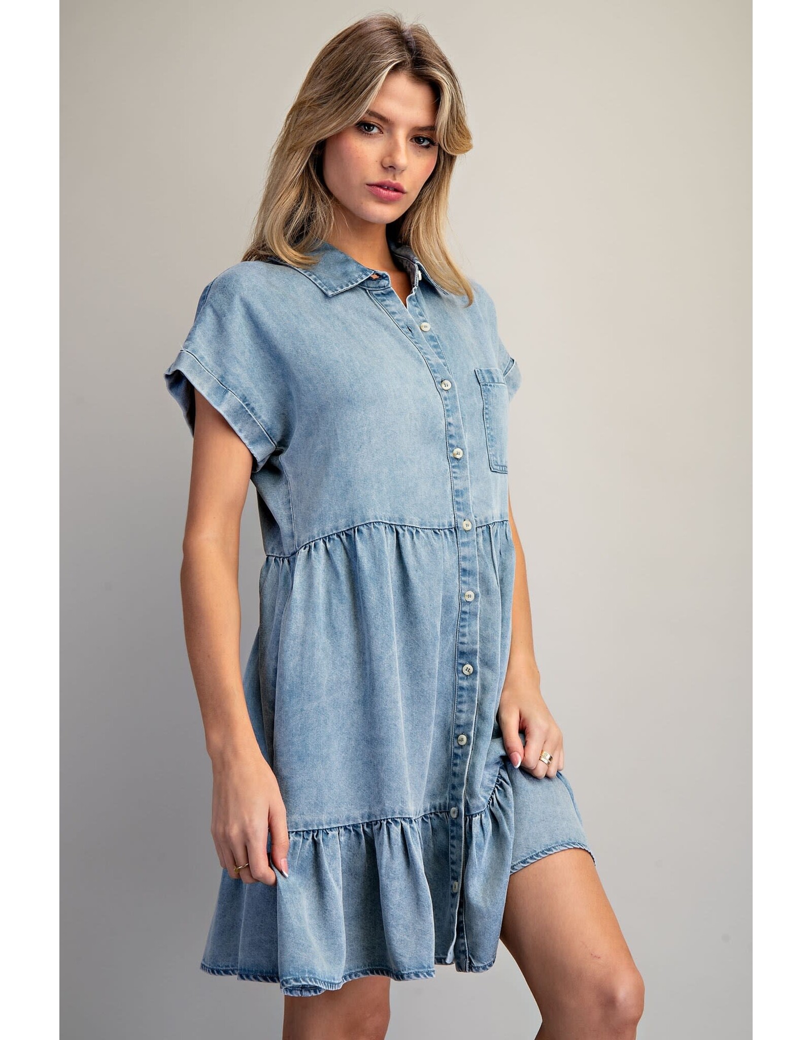 ee:some Short Sleeve Denim Dress with Tiered Skirt