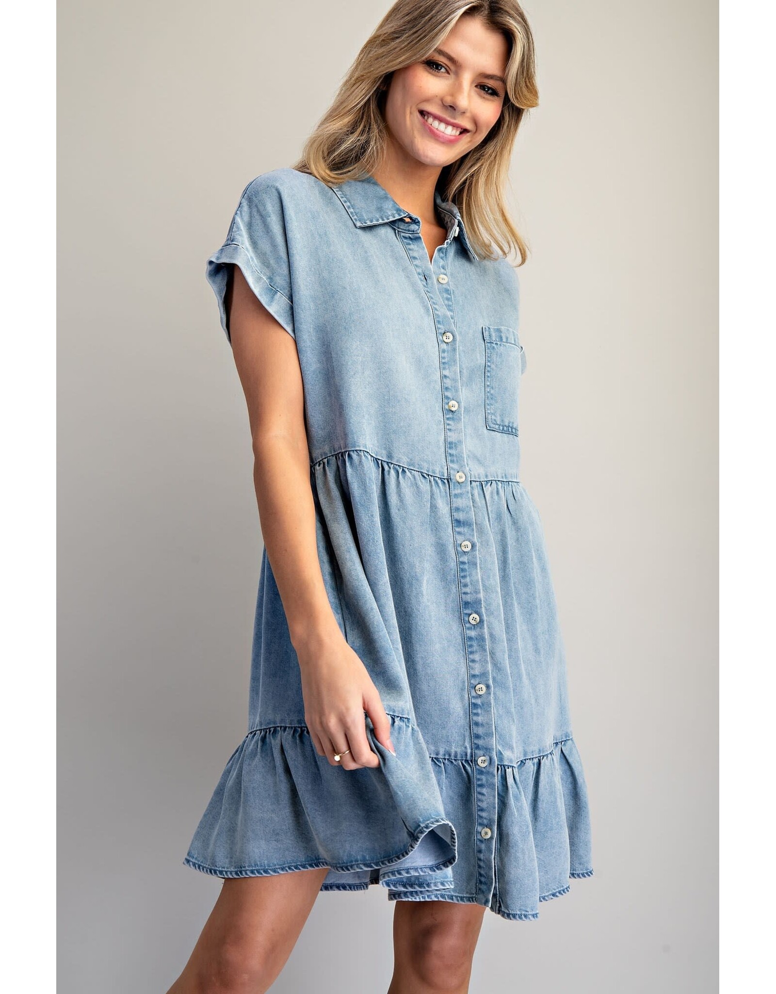 ee:some Short Sleeve Denim Dress with Tiered Skirt
