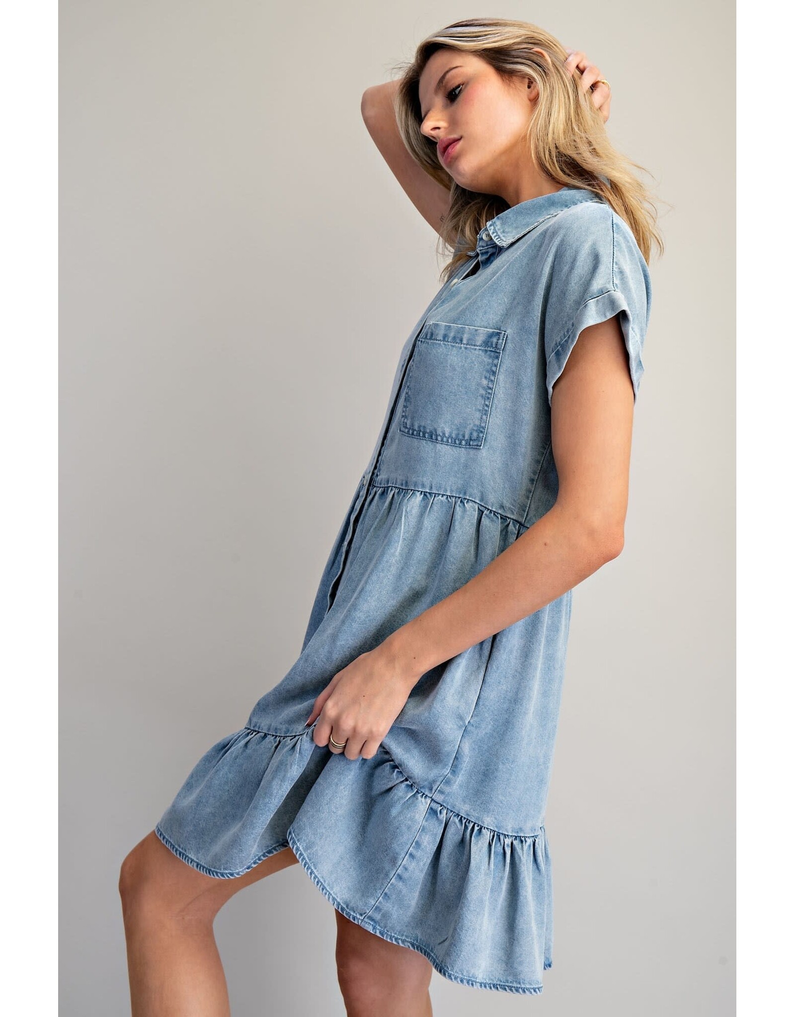 ee:some Short Sleeve Denim Dress with Tiered Skirt