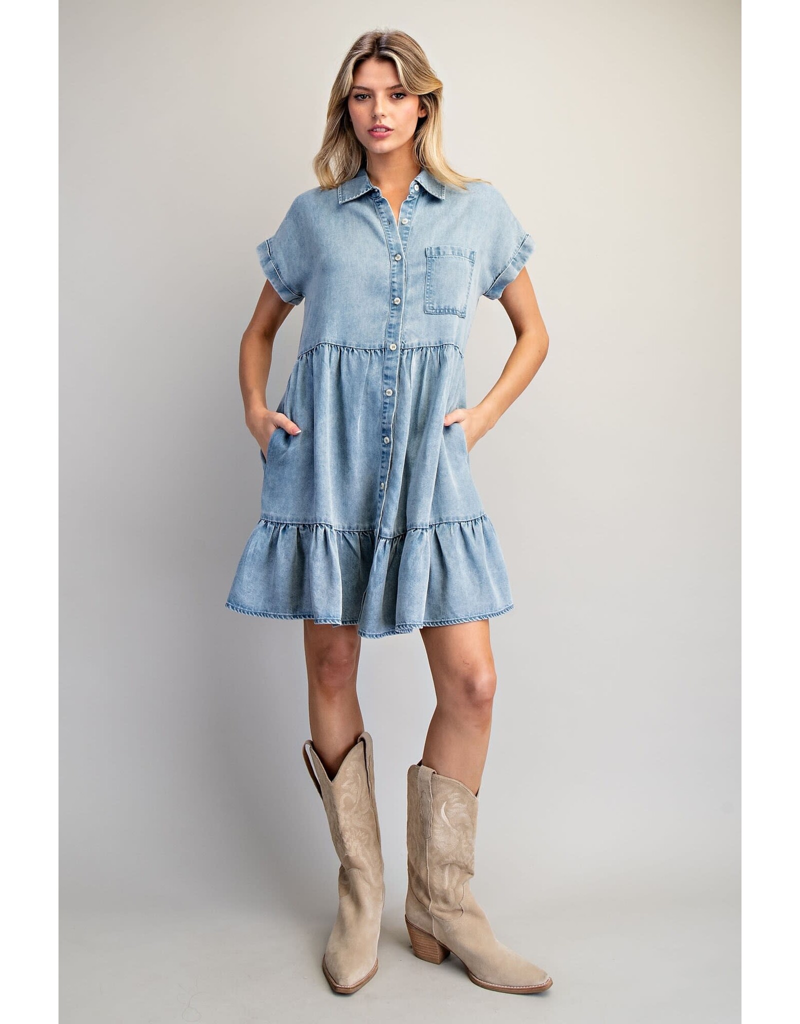 ee:some Short Sleeve Denim Dress with Tiered Skirt