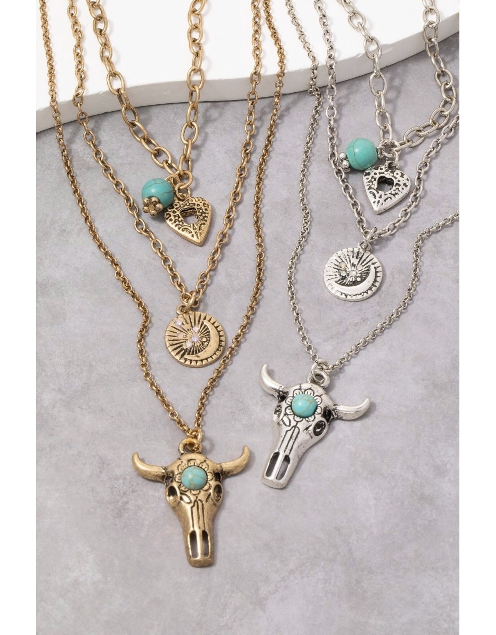 Fame Accessories Bull Skull Western Triple Layer Chain Necklace
