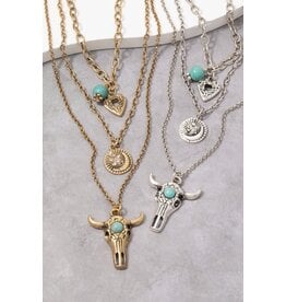 Fame Accessories Bull Skull Western Triple Layer Chain Necklace