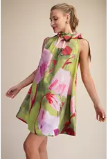 glam Floral Print Mini Dress with Ruffle Neck Tie (Lime)