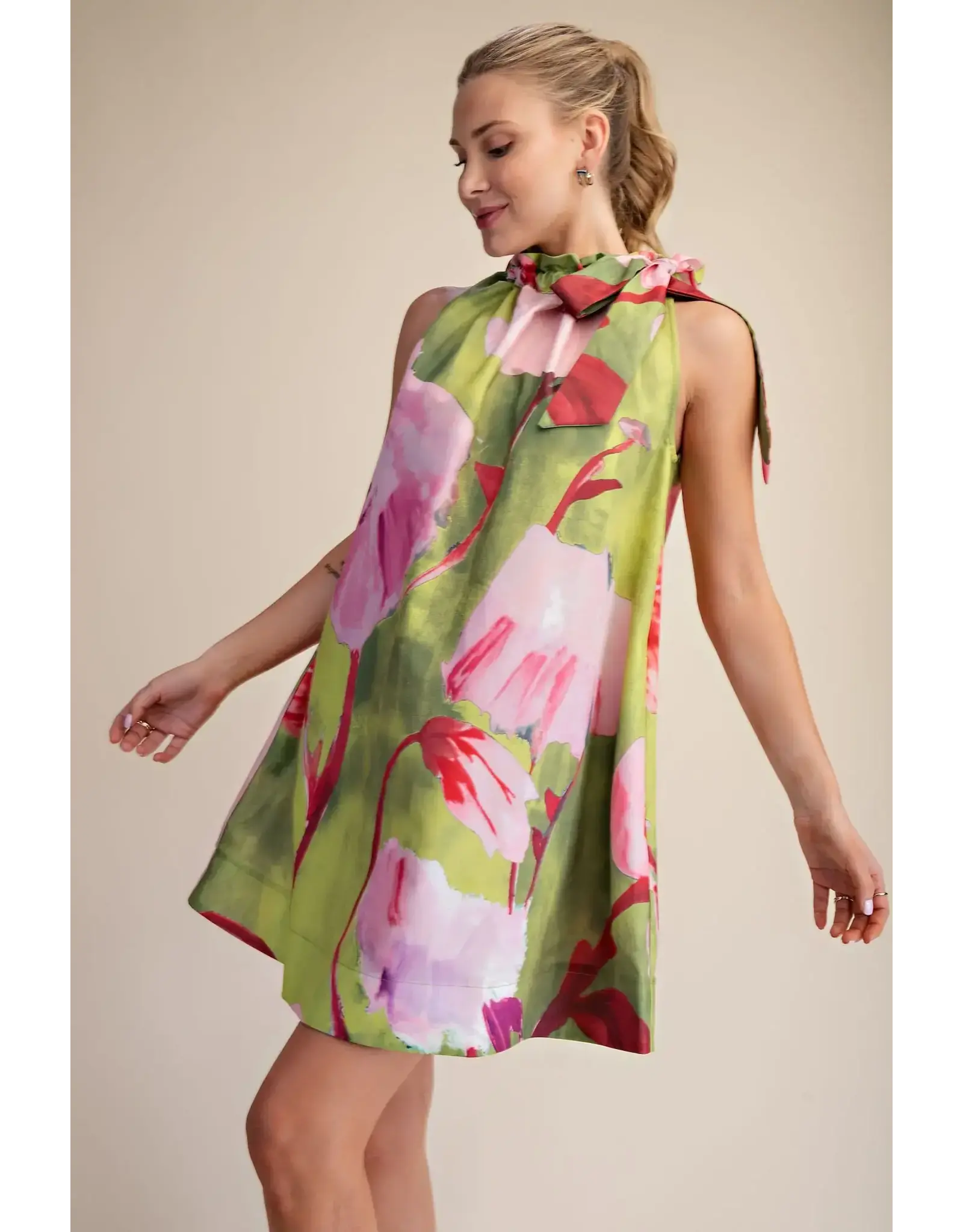 glam Floral Print Mini Dress with Ruffle Neck Tie (Lime)