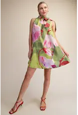 glam Floral Print Mini Dress with Ruffle Neck Tie (Lime)