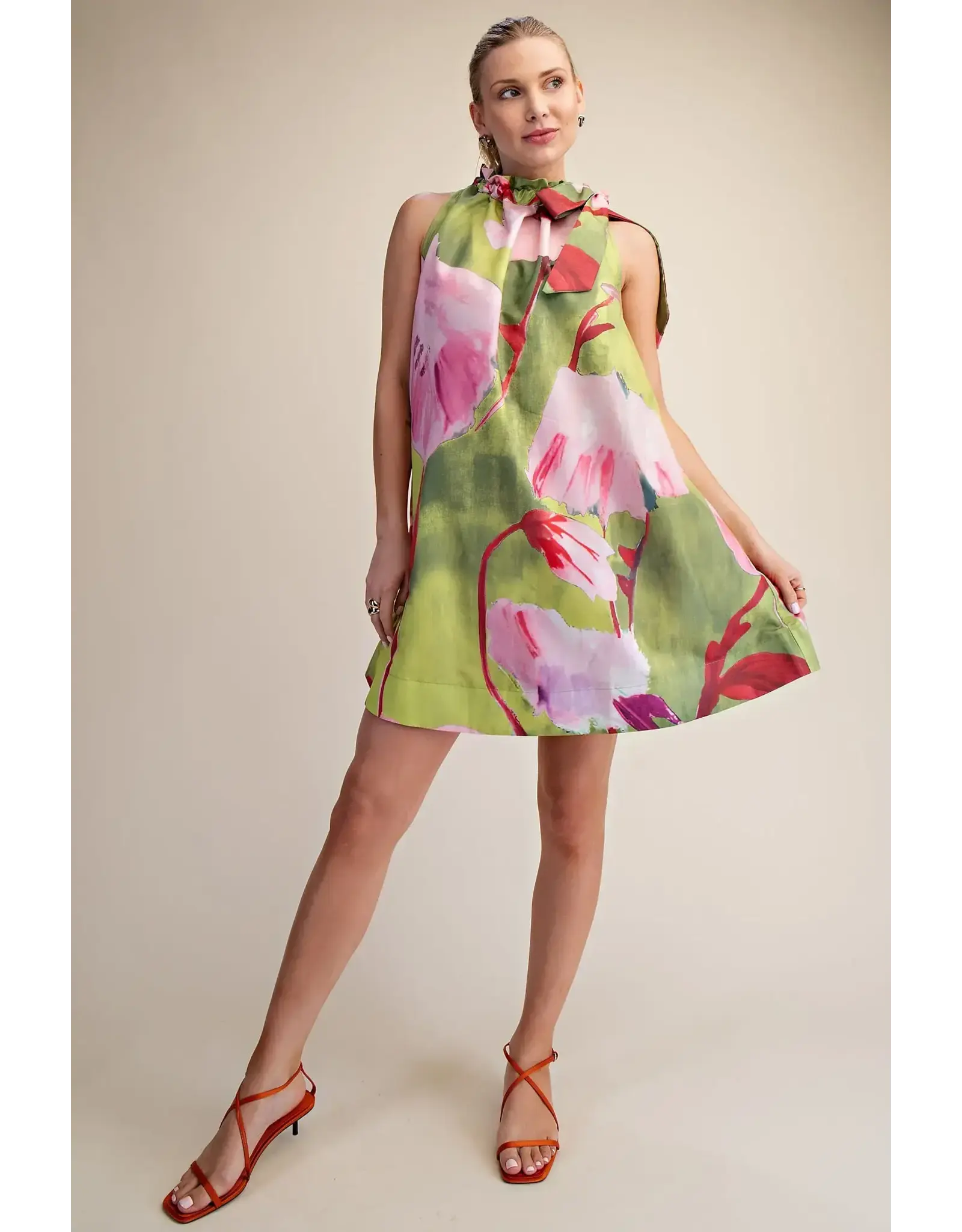 glam Floral Print Mini Dress with Ruffle Neck Tie (Lime)