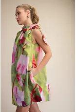 glam Floral Print Mini Dress with Ruffle Neck Tie (Lime)