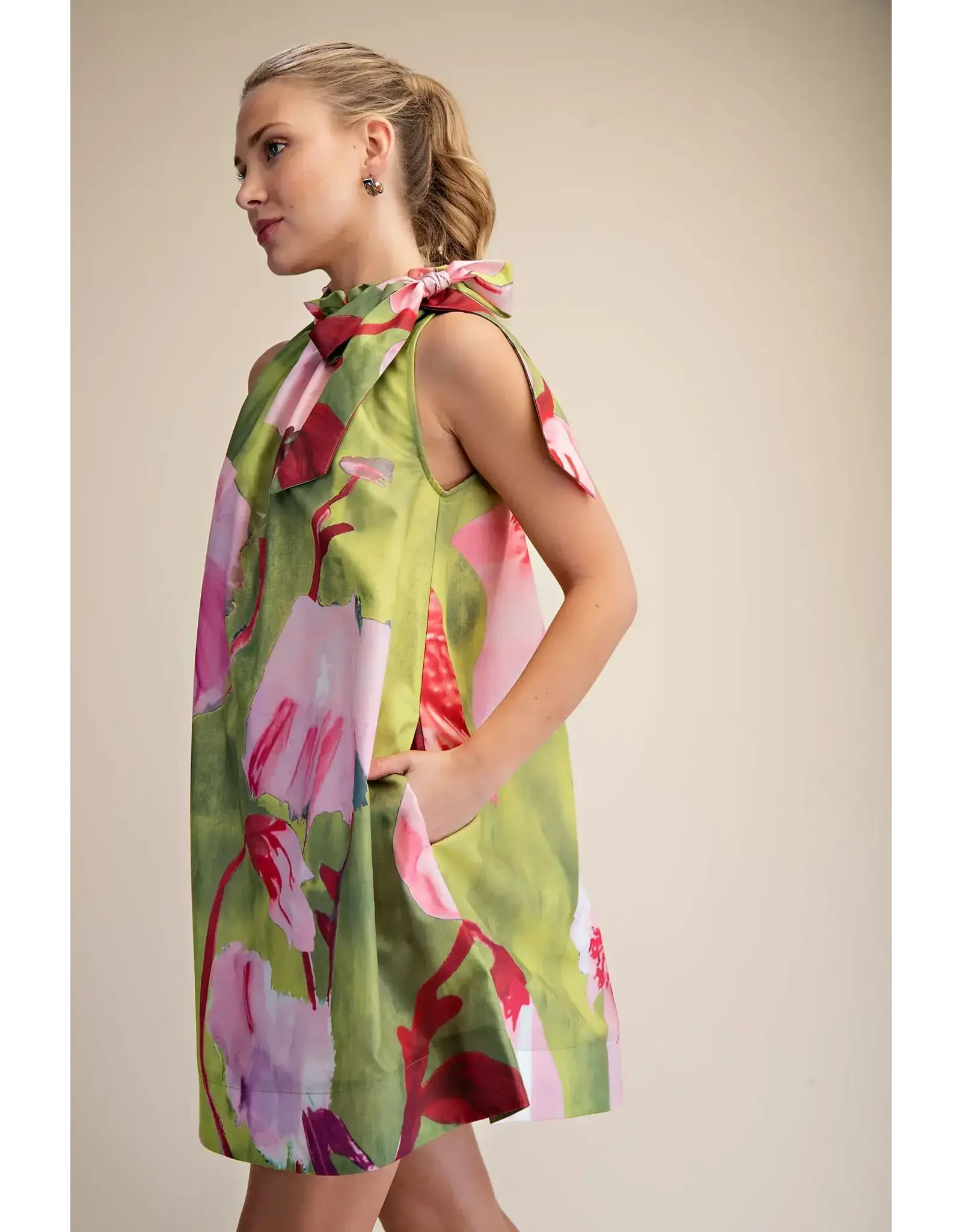 glam Floral Print Mini Dress with Ruffle Neck Tie (Lime)