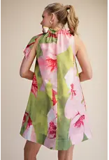 glam Floral Print Mini Dress with Ruffle Neck Tie (Lime)