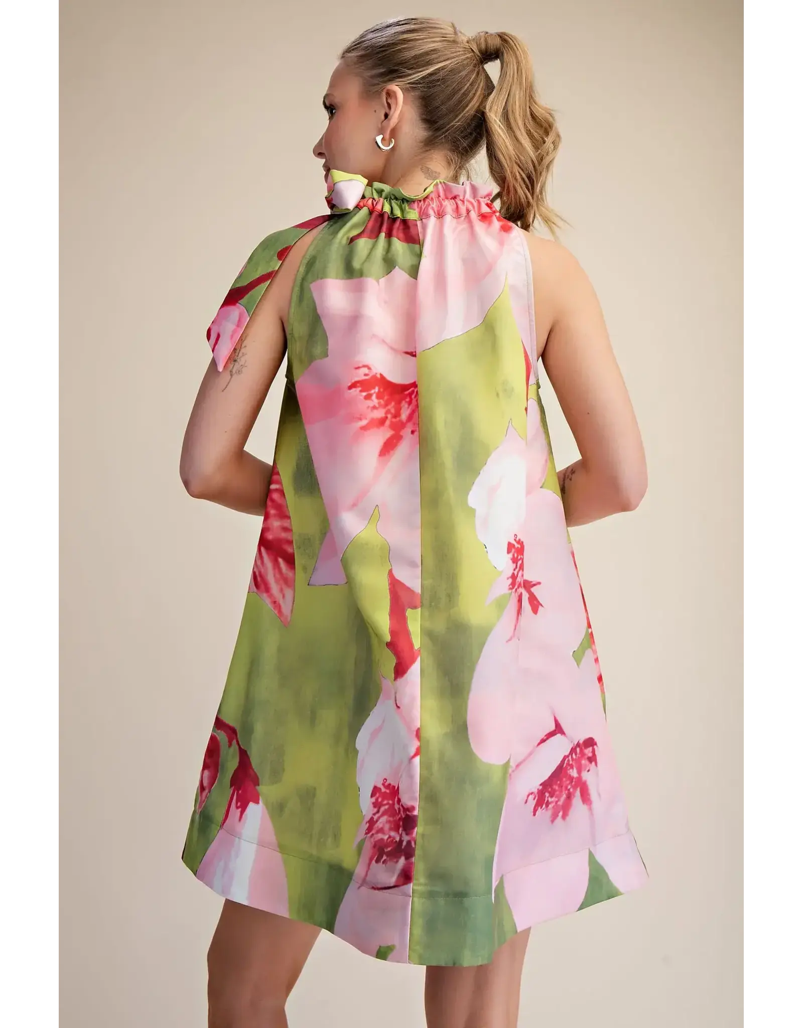 glam Floral Print Mini Dress with Ruffle Neck Tie (Lime)