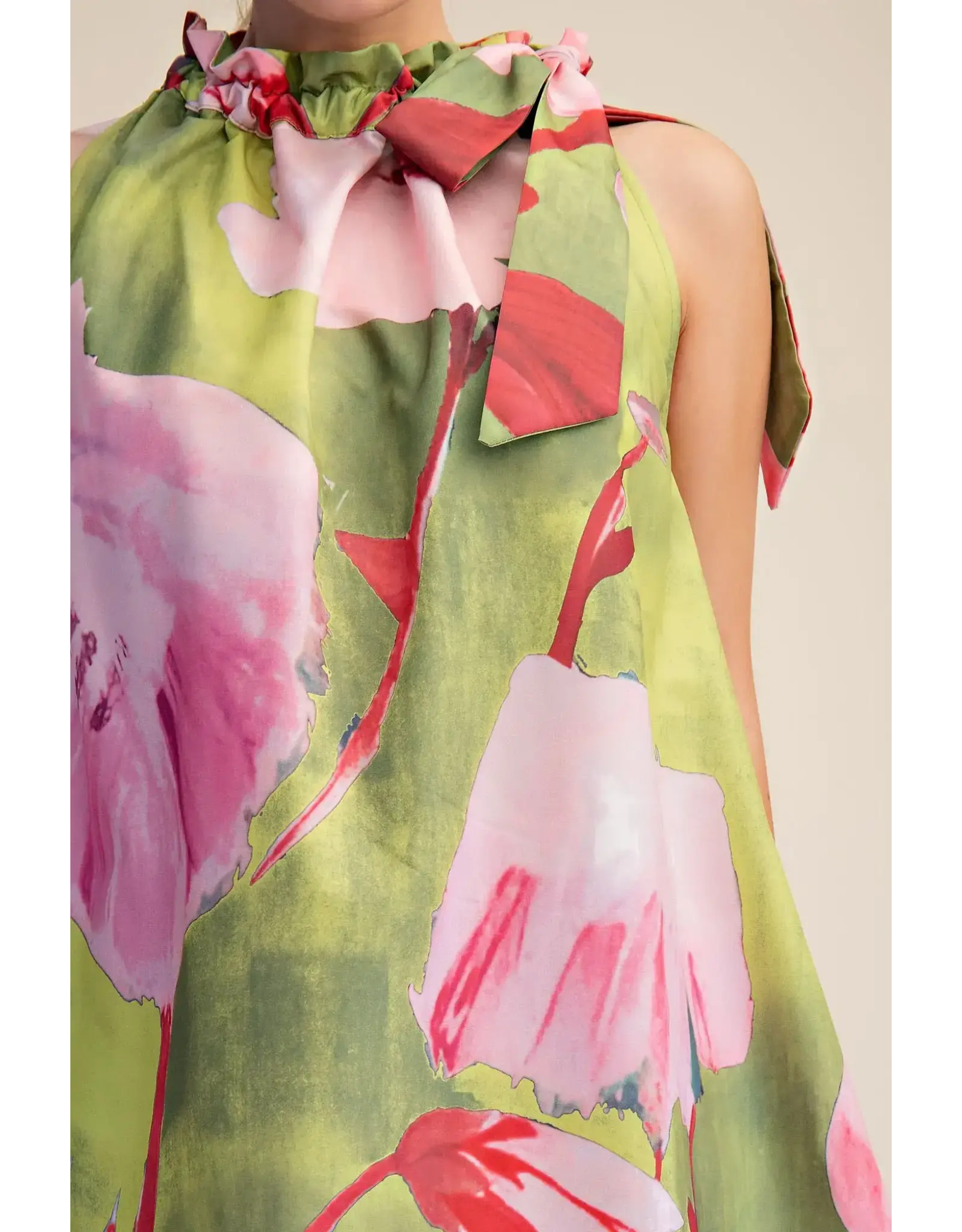 glam Floral Print Mini Dress with Ruffle Neck Tie (Lime)