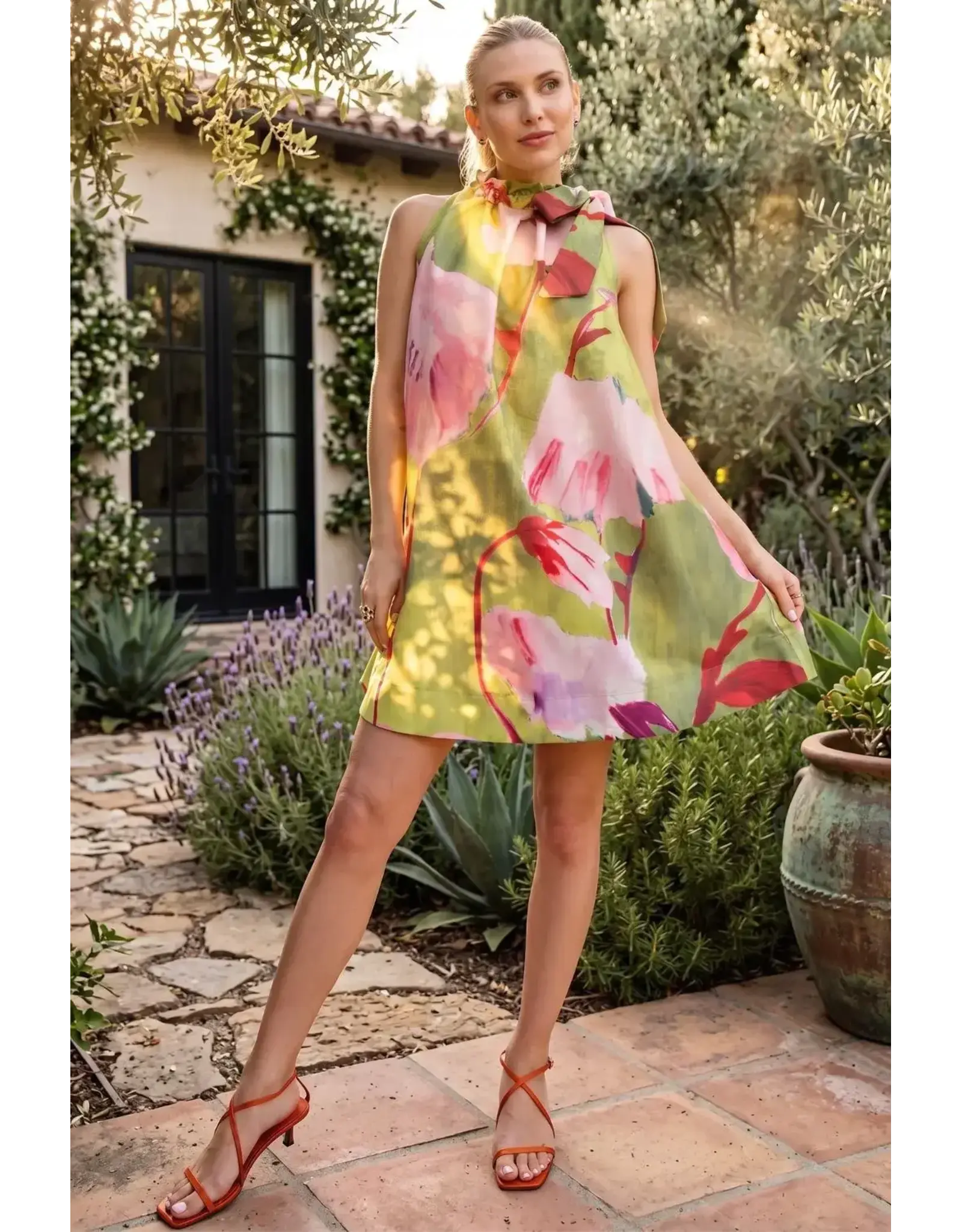 glam Floral Print Mini Dress with Ruffle Neck Tie (Lime)