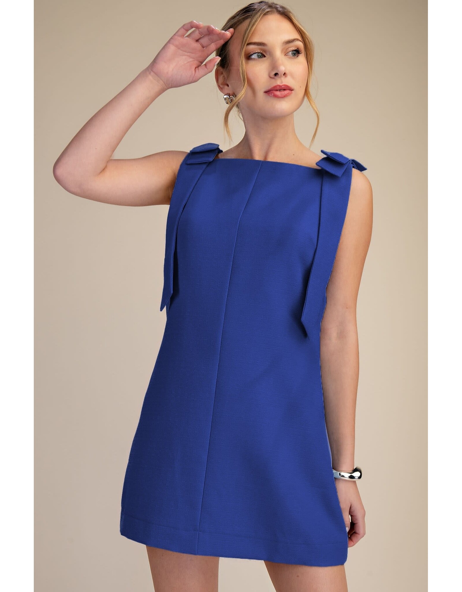glam Bow Strap Mini Dress Straight Neckline (Blue)
