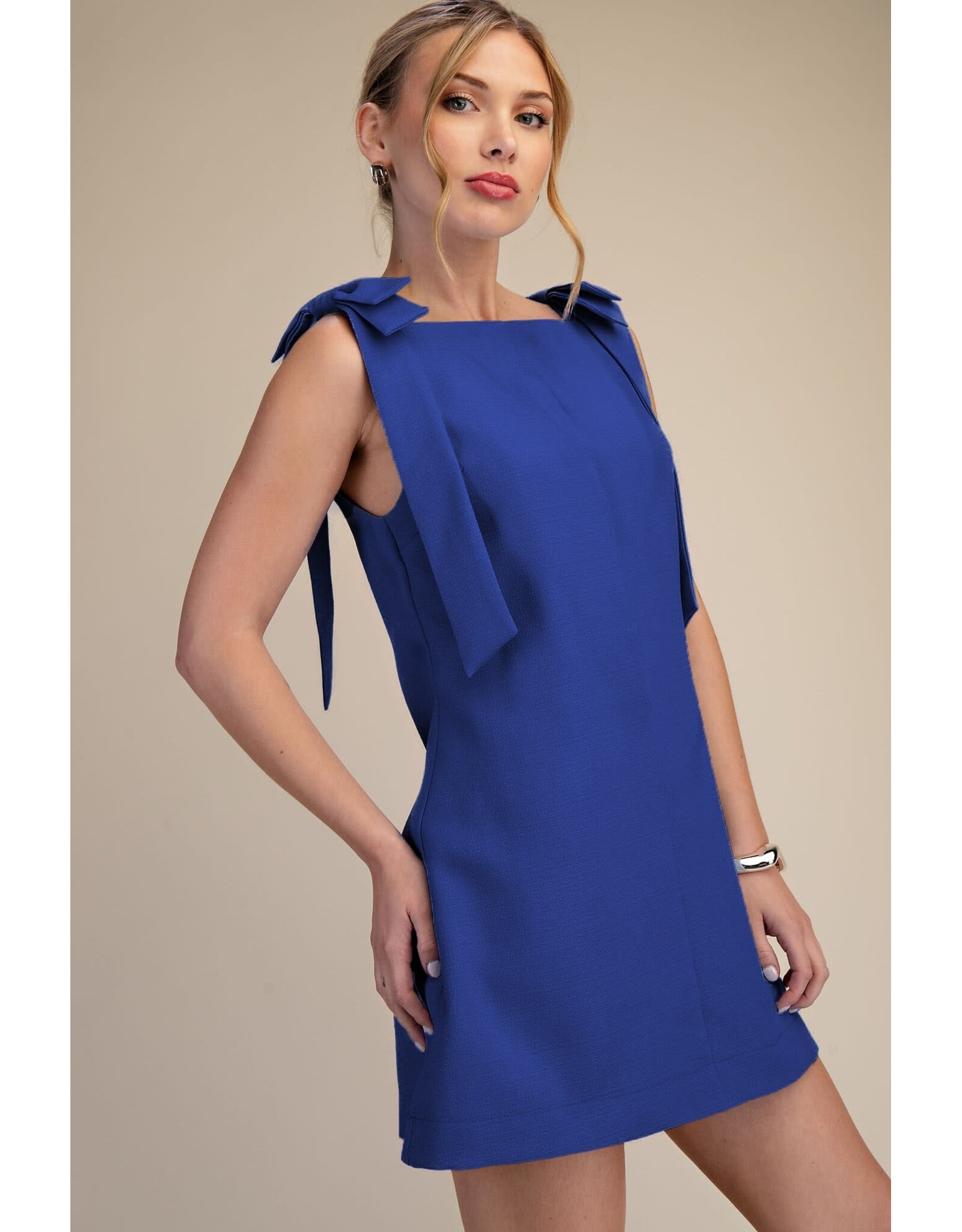 glam Bow Strap Mini Dress Straight Neckline (Blue)