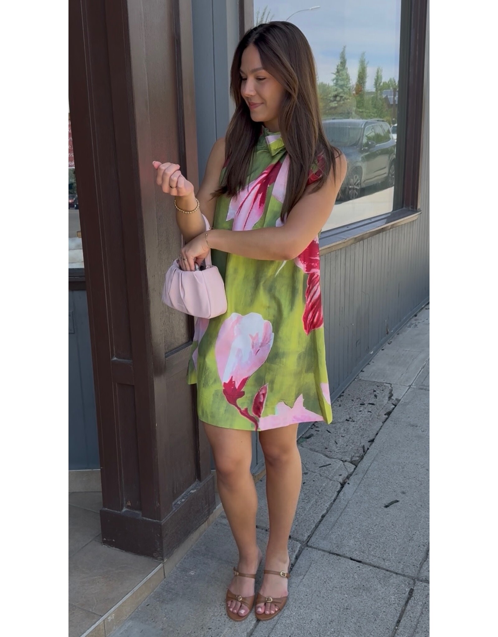 glam Floral Print Mini Dress with Ruffle Neck Tie (Lime)