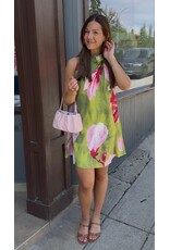 glam Floral Print Mini Dress with Ruffle Neck Tie (Lime)