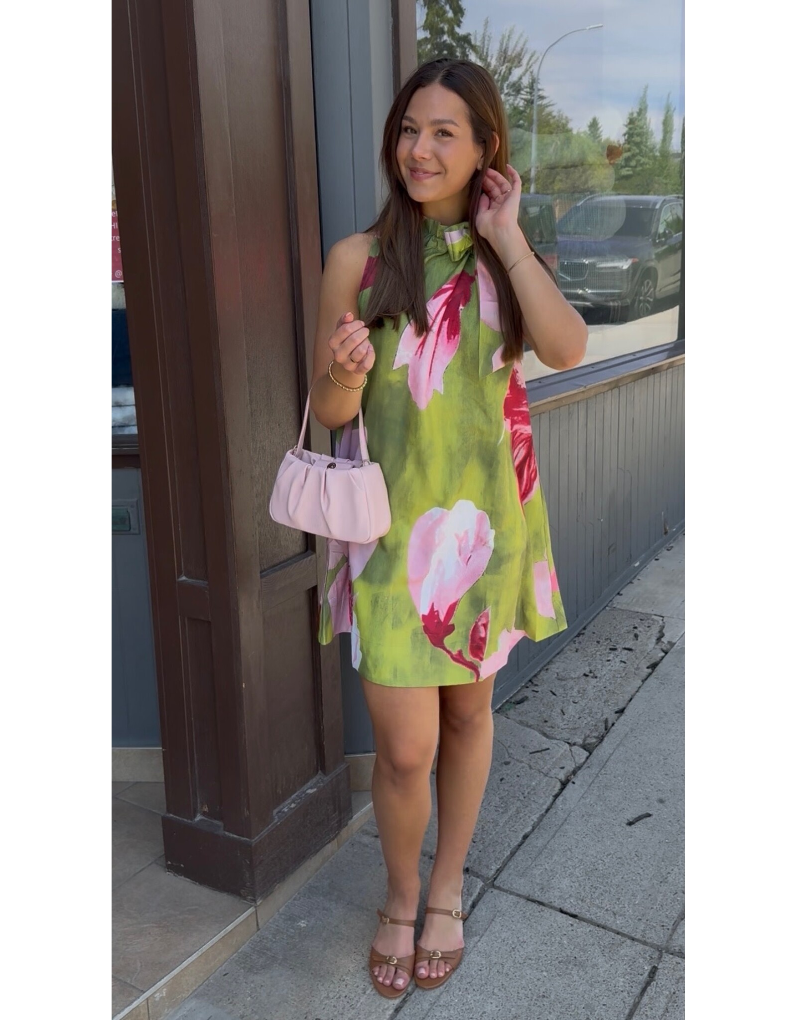 glam Floral Print Mini Dress with Ruffle Neck Tie (Lime)