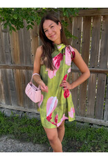 glam Floral Print Mini Dress with Ruffle Neck Tie (Lime)