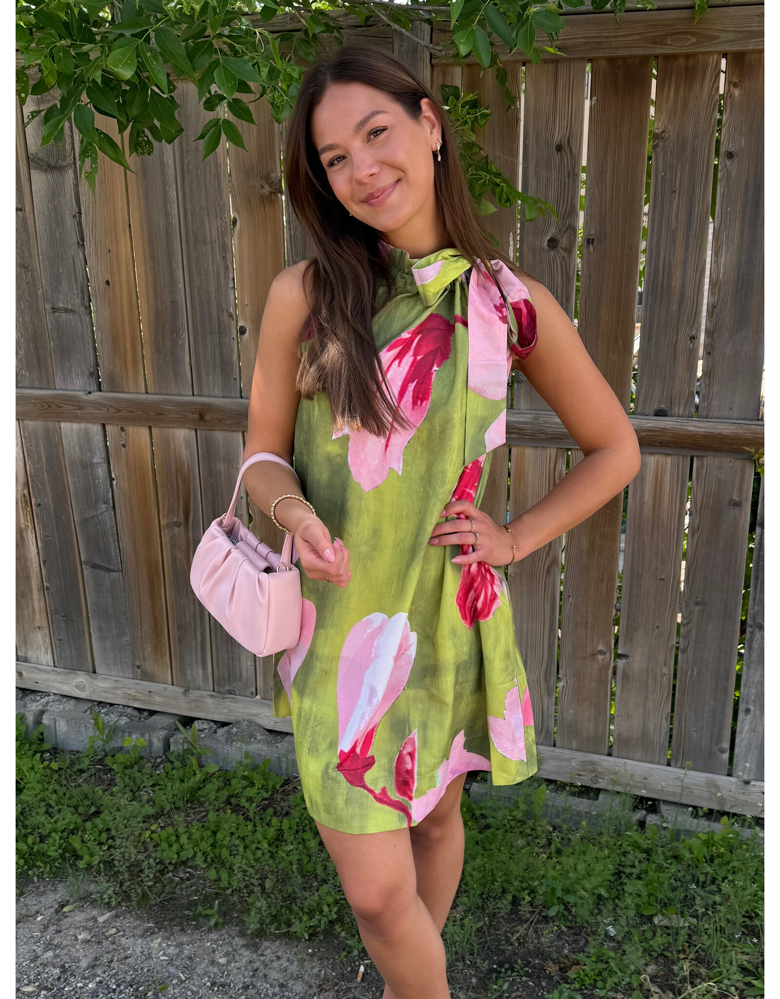 glam Floral Print Mini Dress with Ruffle Neck Tie (Lime)
