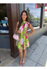 glam Floral Print Mini Dress with Ruffle Neck Tie (Lime)
