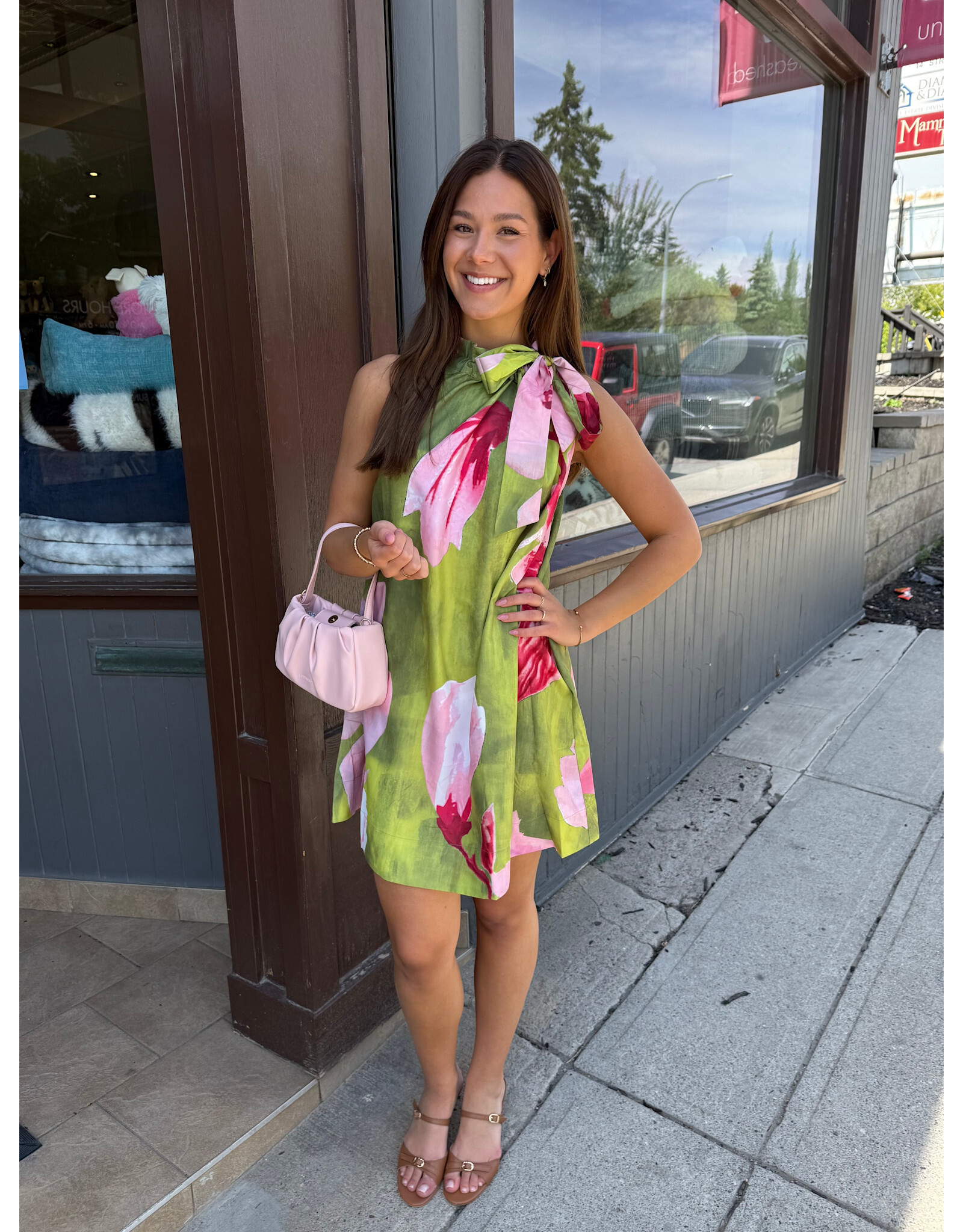 glam Floral Print Mini Dress with Ruffle Neck Tie (Lime)