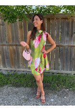 glam Floral Print Mini Dress with Ruffle Neck Tie (Lime)
